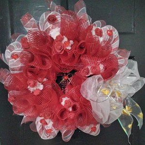 Valentine's Day Wreath, 14 inches. Red, white and gold.